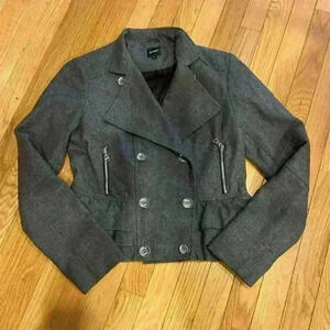 Express Women's Double Breasted Ruffle Peacoat Jacket Gray Size M